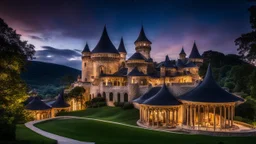 142857, delightful, sensitive, fantastic, confident, undulating sinusoidal castle with hyperbolic roofs, delicate, night, darkness, architecture, award-winning photograph, beautiful composition, dreamlike, filled with beautiful detail, delicate colour, chiaroscuro