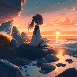 A girl is sitting on the edge of the rocks by the seashore and is meditating. The sun is setting, digital art, anime, 4k, full details