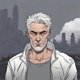 Portrait, male character with grey hair, t-shirt comic book illustration looking straight ahead, post apocalypse