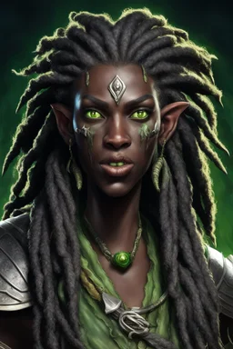 generate a dungeons and dragons character portrait of a female beast-human with black skin, dreadlocks, green piercing eyes, fangs and a thick nose