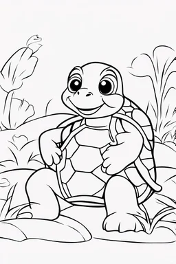 blank colouring book, white blank background, simple picture for toddlers, sweet and smilling turtle pet, disney and pixar style