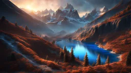 A mountain side burning with powerfull, blue magic. Valley. dark fantasy concept art, exquisite realism, a masterpiece, dynamic lighting, hyperdetailed, intricately detailed, deep color, Unreal Engine, volumetric lighting , Epic cinematic brilliant stunning intricate meticulously detailed dramatic atmospheric maximal,