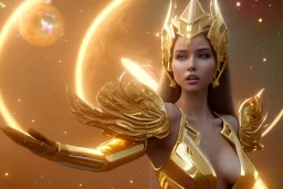  beautiful cosmic woman, long hair, gold skin, nice smiling, magic glamour make up, delicate colors, beautiful glamour galactique dress, ultra sharp focus, 8k, unreal engine 5, extremely sharp detail, light effect, soft light atmosphere of a spaceship, smooth, full of details, face in front, complete vision of face and hair and body