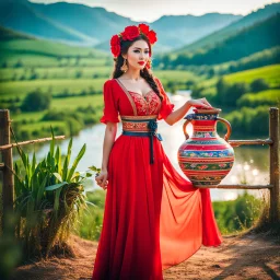 a woman in a red dress holding a vase, creative colorfull - makeup, with professional makeup, hand built ceramics, very very very beautiful face , nice country side with hills ,waterfall over a river with clear water,girls with perfect pretty face in folk costums and a jar, filling their jugs with water and some of them leaving while carring there jugs in there shouldes and 1beautiful girl with jug in shoulder in closeup , very nice mountains at distant, nice clouds in sky ,wide green field wi