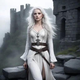 she has ethereal beauty amidst the mist-shrouded ruins of a stone castle. Her pale skin and white hair shimmered like moonlight. Clad in a white tunic, brown pants, and a leather belt with mysterious pouches, she stands, her silver dagger in hand, in the desolate landscape. her leather bracelets and corset, like a second skin of dark magic, witnesses of the countless battles she won Record of Lodoss War style, Linework: Expressive, expressive black ink line art with variable stroke weights. Cris