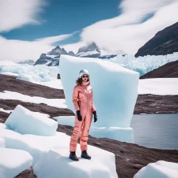 Fashion film in the icefields of Patagonia, a stunning supermodel in an incomplete Astronaut pink bronze suit discover the icefields and giant iceblocks and icebergs using stunning poses we can see her face through the glass . Supreme landscape, inticate background and a minimalist composition that creates a great megalophobia effect. Old lens, old Kodak vision filmstock, 1600 iso.