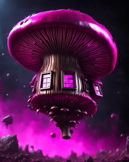 singular weird floating mushroom house in space. bronze, black, and fuchsia tones, intense cosmic space, intergalactic, interstellar. Detailed Matte Painting, deep color, fantastical, intricate detail, splash screen, hyperdetailed, insane depth, concept art, 8k resolution, trending on Artstation, Unreal Engine 5, color depth, backlit, splash art, dramatic, High Quality Whimsical Fun Imaginative unusual, good composition