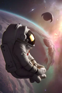 A small falling cartoon astronaut floating in space over a dim background with lots of distant stars and galaxies and quasars and nebulas. Realistic textures and grains. Render in HD 8K quality. High quality textures and details.