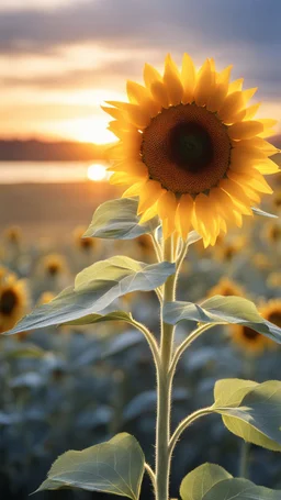 golden single sunflower against sunset in 3D with beautiful lighting