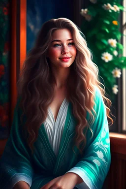 FRealistic digital art, full body portrait, ethereal, mature, full body,beautiful and attractive young Norwegian, cute nose, brown hair and white hair, long wavy braided hair, full lips, sweet smile, light natural makeup, Nordic patterns, long wavy hair, malachite colored eyes, digital art, masterpiece, April, Summer Fashion, smooth soft skin, curly hair, detailed eyes, detailed face, looking into camera, intricate, summer outfit, pink, back lighting, realistic concept art, digital painting, 3D