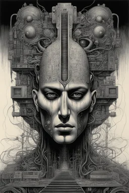 The face of a man with a Indian fathers on head with computer chips and a smoke in the background dark a thin line draw ، front view camera, decayed and rotting with grotesque proportions and imagery. surreal horror, biomechanical design, by hr giger and beksinski , fine lines draw