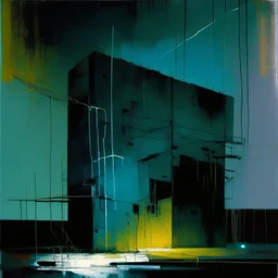 Minimal abstract oil painting of a in concrete warehouse brutalist architecture and hanging wires illuminated at night. With triadic colours. In the style of Justin Mortimer and Phil Hale, Ashley Wood