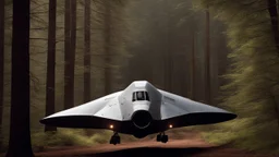 sleek cargo spacecraft landing in a clearing surrounded by trees