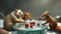 ice bear squirrel gremlin foxes playing land hockey on glass table on ceres