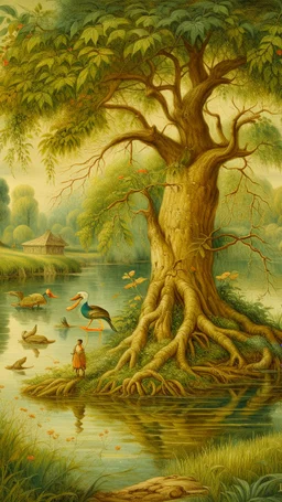 Bosch painting style , old willow tree by the river , a lovely ducks is swimming in the river
