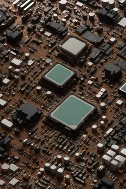 aerial photo of a landscape made up from computer parts like capacitors and microchips