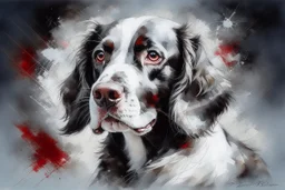 A portrait of a springer spaniel by Willem Haenraets, loose watercolour, wet on wet and splattering and dripping techniques, centred, perfect composition, abstraction, colours of grey and cream