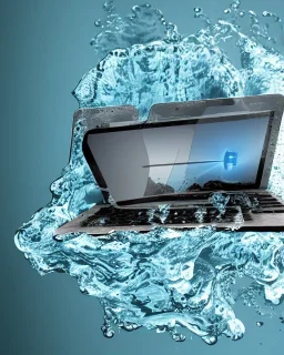 A book staring at a computer with water in it.