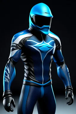 Surfshark's superhero costume combines a black, form-fitting bodysuit with a deep ocean-blue wetsuit-style jacket, featuring shark fin-like shoulder embellishments. White shark tooth designs adorn the arms and legs. His cowl resembles a shark's head, with a dark visor revealing his piercing blue eyes. The shark-themed utility belt, gloves, and boots complete the ensemble, along with a high-tech surfboard. The chest emblem is a stylized shark with dorsal fins reminiscent of Batman's bat symbol.