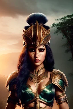 Amazon warrior, waist up portrait, 8k resolution, intricate details, ornate details, soft lighting, vibrant colors, retroanime, masterpiece, intricate eyeliner, dark eyeshadow, eyes, facepaint, hair, intricate tattoos, jungle background