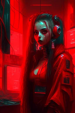 Cyberpunk girl name Orical, wearing red, in a room with five live video feeds