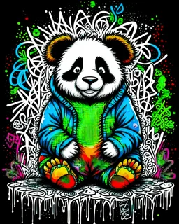 Panda in panda onsie meditating, anime, graffiti, vibrant