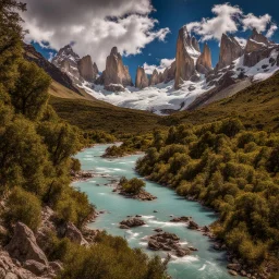 Los Glaciares National Park, Patagonia, Argentina, peaks with snow, river in th deeb canyon detailed trees with detailed branches an leaves and stones with moos in the foreground, phototralistic, summer, multicolors, blue sky with fluffy clouds, side view, from the top of a peak