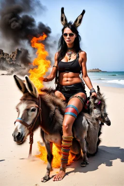 fire biker priestess beach with pet donkey