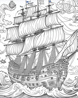 Create an exhilarating coloring page inspired by the Pirates of the Caribbean movie, featuring a majestic pirate ship sailing through rough seas. Challenge young artists to add their creative touch to billowing sails, the iconic Jolly Roger flag, and crashing waves. This black-and-white coloring adventure invites kids to embark on an exciting journey as they bring this thrilling pirate ship scene to life on paper.