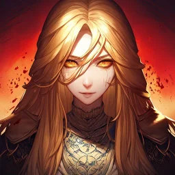 Goodness, Golden hair, Blood splatter, female, portrait, max detail, hd, Long hair, dark souls style, detailed eyes, eye color blue
