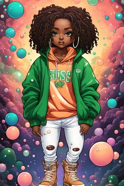 Create an colorful psychedelic comic book illustration of a chibi cartoon black female thick curvy wearing a cut of green and peach hoodie and white jeans and timberland boots. Prominent make up with long lashes and hazel eyes. Highly detailed shiny sister locs. Background of a large bubbles all around her