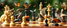 chess board full of animals and insects instead of pieces