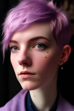A young woman with lavender skin, purple eyes, pink hair in a pixie cut with pink freckles.
