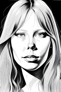 Beautiful black and white pencil drawing of Sissy Spacek. She has long blonde hair. The background is all black. She is looking at the viewer.