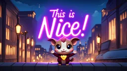 a cute magical creature holding a purple neon sign that says "This is nice!", cinematic, a city in the background