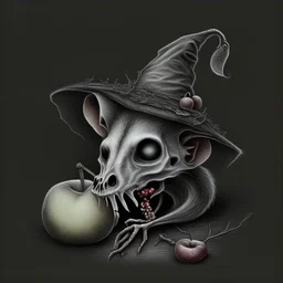 Realistic drawing of a Rat Skull with a Witch hat, Skull has ghost eyes and is eating from a poison apple.