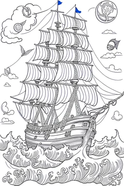 Create an exhilarating coloring page inspired by the Pirates of the Caribbean movie, featuring a majestic pirate ship sailing through rough seas. Challenge young artists to add their creative touch to billowing sails, the iconic Jolly Roger flag, and crashing waves. This black-and-white coloring adventure invites kids to embark on an exciting journey as they bring this thrilling pirate ship scene to life on paper.