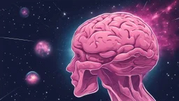 Comic style, bare transparent pink human brain flying trough the universe, background galaxy's