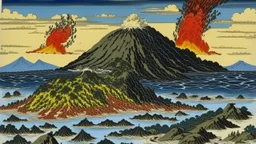 A volcano with scalding hot rocks painted by Katsushika Hokusai