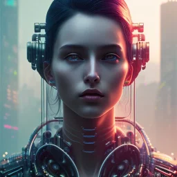 molly millions, closeup portrait of a young beautiful cyberpunk woman, mirror eye implants, black hair in a rough bun, sunset, neuromancer, street samurai, cyberpunk city background, megacity, gorgeous view, depth, painted by seb mckinnon, high detail, digital art, painted by greg rutkowski, trending on artstation