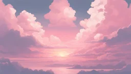 white clouds in pink, sunset sky, in the style of pastel, anime aesthetic