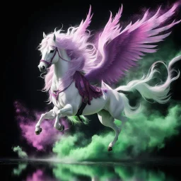 Anime conceptual art of a white pink purple realistic horse ascending into the sky. it has wings creating green powder paint encircling him. surrounding is black reflection, realistic, detailed / HD quality --v 6.0, Canon EOS R5, edge lighting, cinematic lighting, translucency, extrusion and gradient value change, specular darkening and contrast, strong occlusion of the surrounding overlay, depth parallax, photorealistic, 4K , 3D