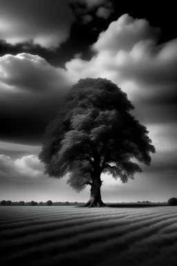 conceptual photo, art photo, illusion, fine art, death, dark cloudy sky, surrealism, black and white, far away view of a chestnut tree, that tree looks very small