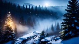 fir forrest scenery, heavy mist,valley,creek,forest,christmas ,tree,,nature,night,snow,fir tree,high-quality photograph,zeiss prime lens, bokeh , high detail, smooth render, unreal engine 5, dust effect, vivid colors,night