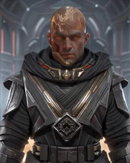 star wars bald male corellian jedi wearing gunmetal grey and black old republic armored flightsuit with gold and metallic red trim inside the jedi temple, centered head and shoulders portrait, hyperdetailed, dynamic lighting, hyperdetailed background, 8k resolution, volumetric lighting, light skin, fully symmetric details