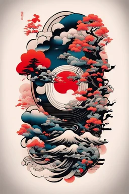 Create a captivating modern 2d colorfull ink Japanese tattoo design for print , using the elegant influences of japan art style, for print, dynamic elements from fashion and design, and bold Japanese art aesthetics, framing centered in the center, distanced from the edges of the paper perimeter, perfect anatomy, bauhaus, Divine Proportion,