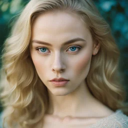 rose namajunas, Kodak Portra 400, 8K, soft light, volumetric lighting, highly detailed, britt marling style 3/4, view from above of close-up portrait photo of a beautiful woman, pre-Raphaelites painter, Huge blue eyes, girlish woman, pale skin, blonde hair, Highly Detailed, natural outdoor soft pastel lighting colors scheme, outdoor fine art photography, Hyper realistic, photo realistic, warm lighting