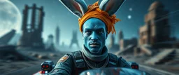 portrait with bluegreen bunny man with indian skin, space race on mega vehicle, From the shadows, they rise, with a spark in their eyes, Ethereal echoes of a world we once knew, With the glam and the glamor, we reach for the skies, Cosmic rhythms pull us through, [Chorus] Suti came for our world, with the power to ignite, Dancing through the stars, we find our light. motion blurred background of ancient space ruins