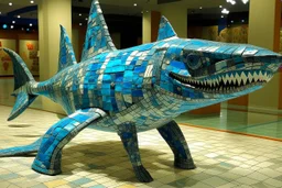 A blue water elemental shark designed in ancient Roman mosaics painted by Pablo Picasso