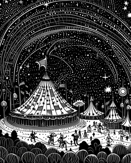 Illustrate the circus under a starry night sky, with lights illuminating the scene, light black and white outline, fine line, white background